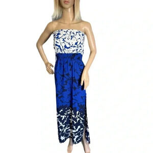 AQUA Blue Navy Floral Long Strapless Boho Slit Maxi Dress Smocked Size XS